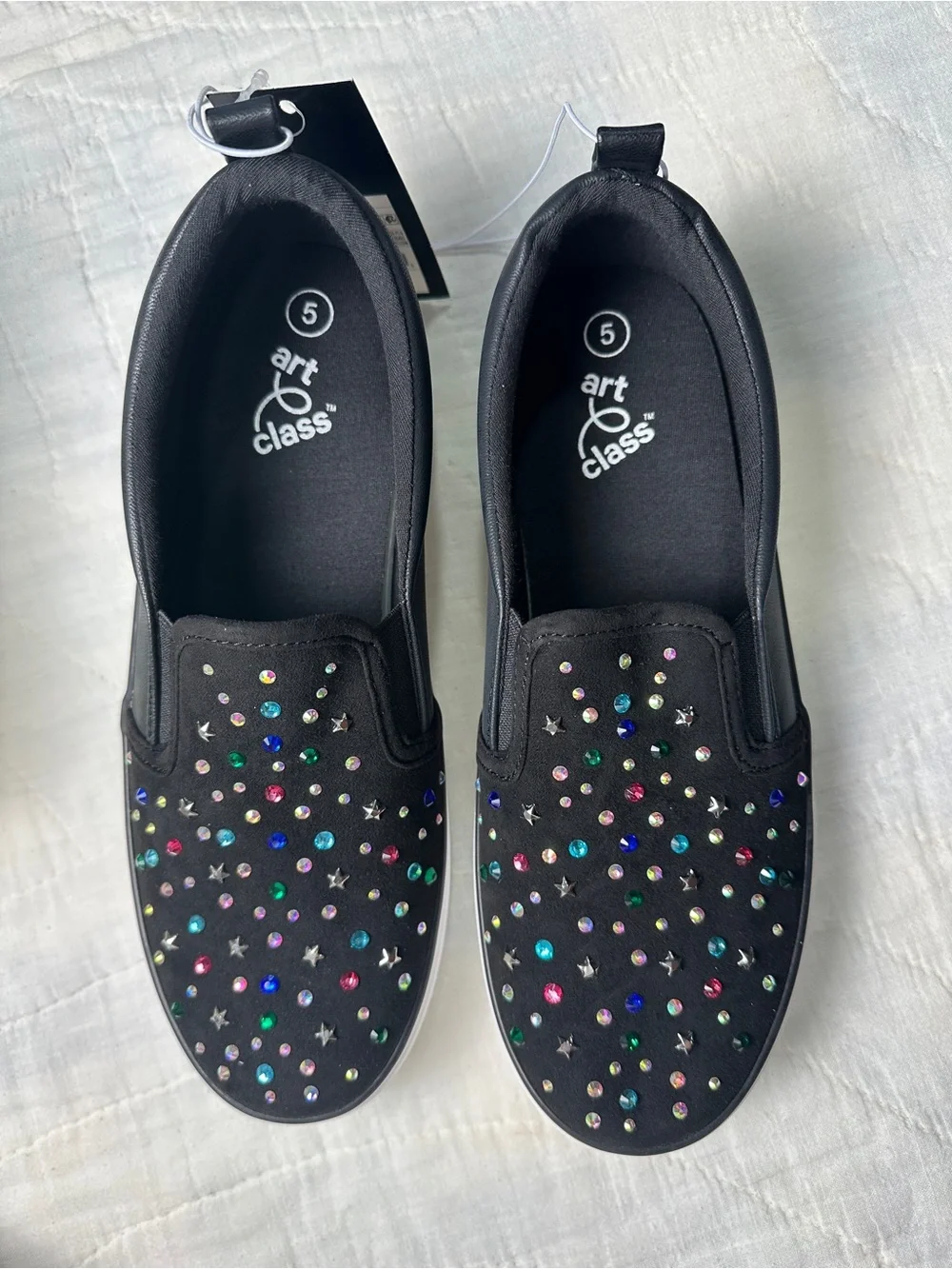 art class Black Slip-On Kids Sneakers with Multicolor Gem Accents
